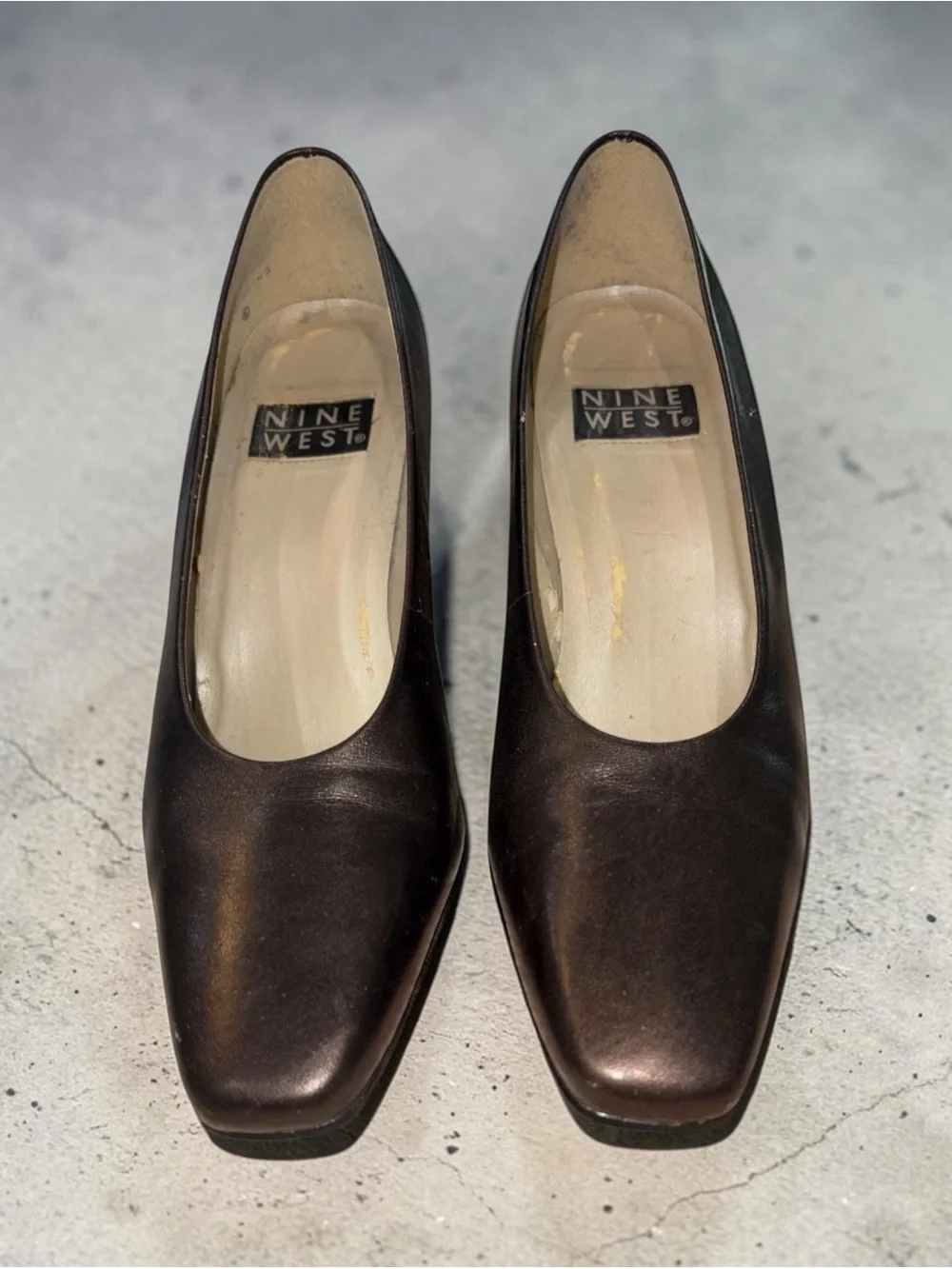 VTG Nine West Dark Brown Leather Square-Toe Pumps 3”